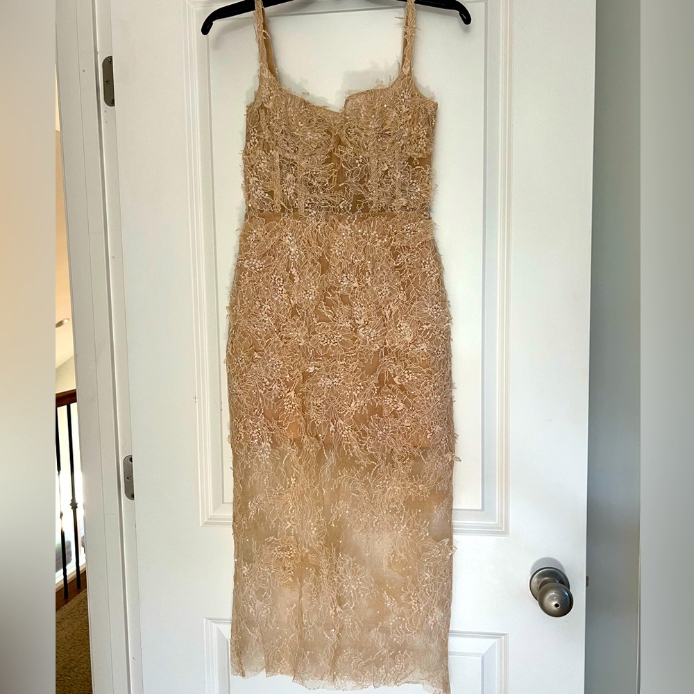Montsand Ivory Beaded Lace Pencil Midi Dress in Nude - Picture 10 of 13